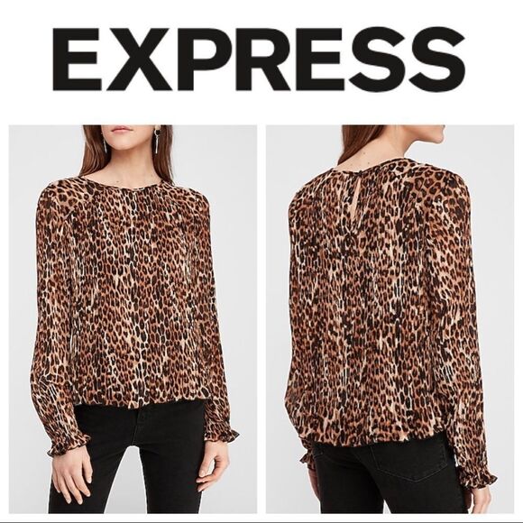 Express Leopard Blouse NEW Accordion Pleat Top Medium Animal Print - Picture 1 of 12